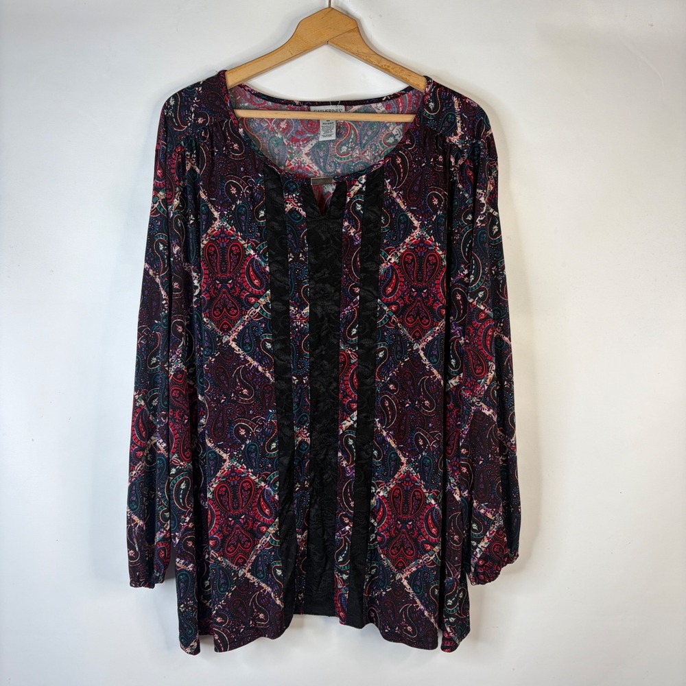 Catherines Blouse Women 4X Multi Paisley Lace Trim Split Neck Long Sleeve